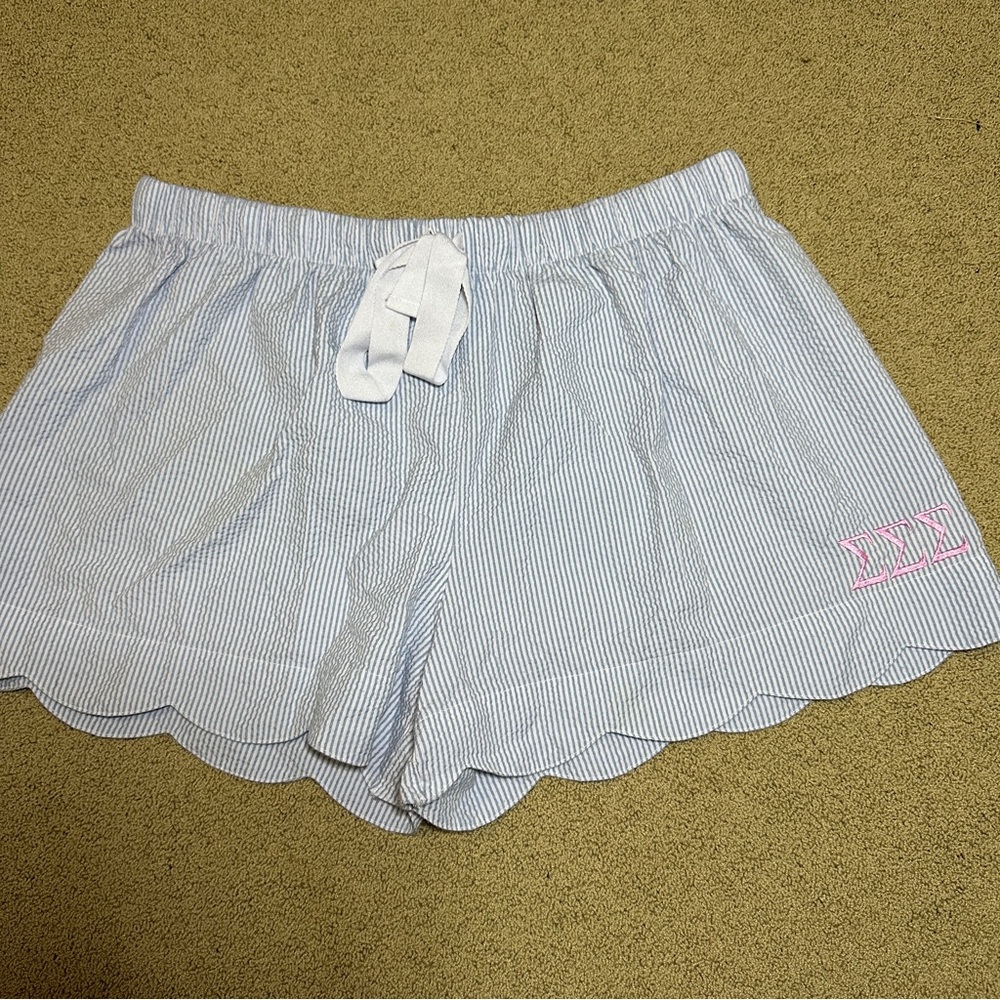 Blue and white seersucker pull on shorts with embroidered Tri Sigma letters, XXL